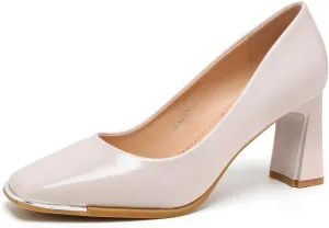Women's Square Toe Block Heels with Metal Accent, Elegant Slip-On Dress Pumps