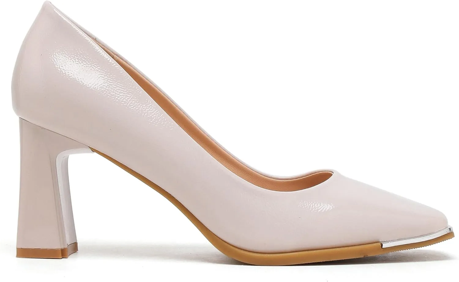 Women's Square Toe Block Heels with Metal Accent, Elegant Slip-On Dress Pumps