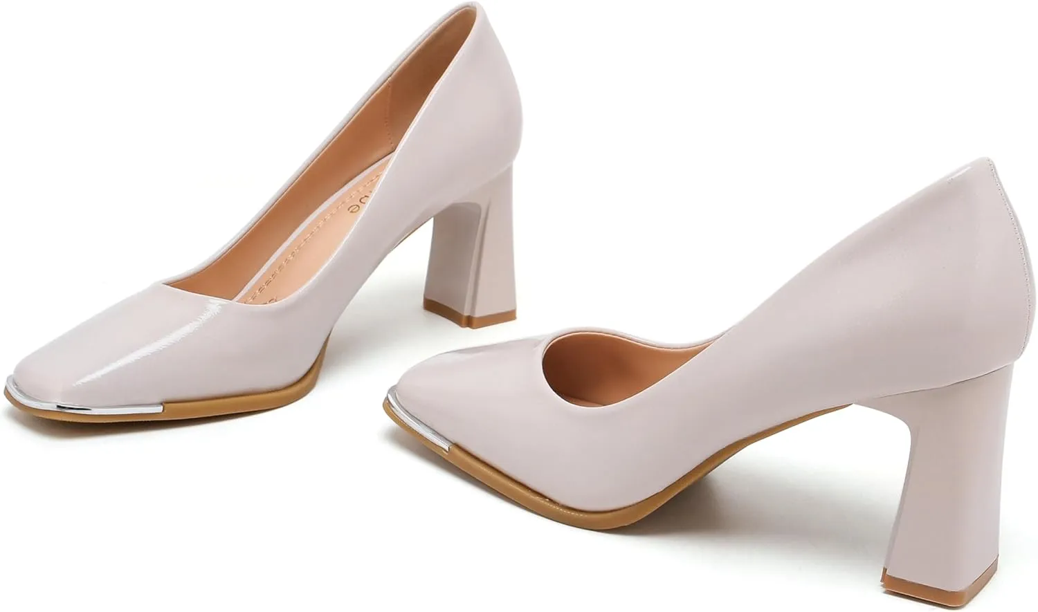 Women's Square Toe Block Heels with Metal Accent, Elegant Slip-On Dress Pumps