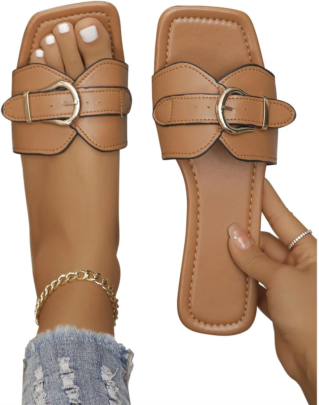 Women's Square Toe Elegant Slipper Hook and Eye Embellished Business Sandal Slip on Open Toed Trendy Flats Slide