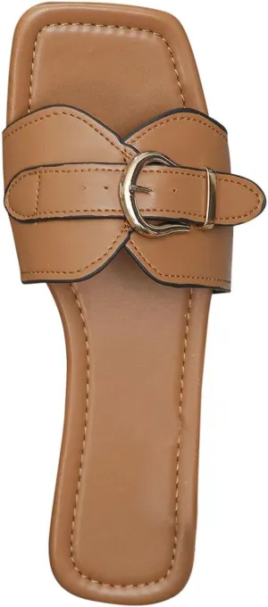 Women's Square Toe Elegant Slipper Hook and Eye Embellished Business Sandal Slip on Open Toed Trendy Flats Slide