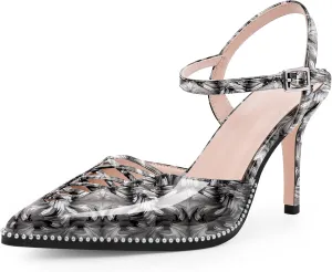 Women's Stilettos High Heel Ankle Strap Pumps Hollow Out Pointed Toe Bead Dress Shoes