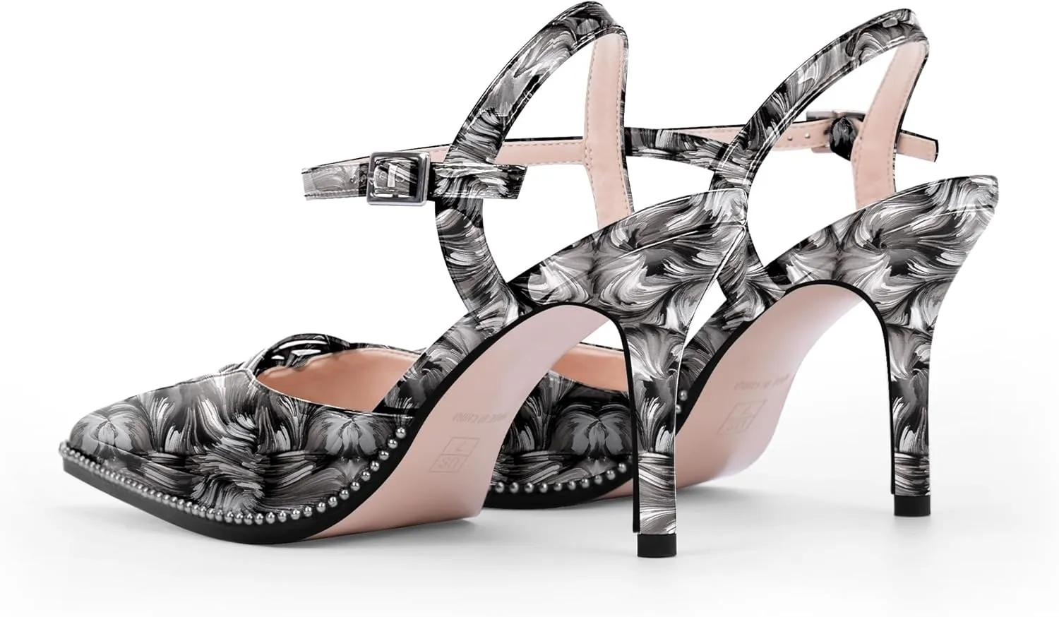 Women's Stilettos High Heel Ankle Strap Pumps Hollow Out Pointed Toe Bead Dress Shoes