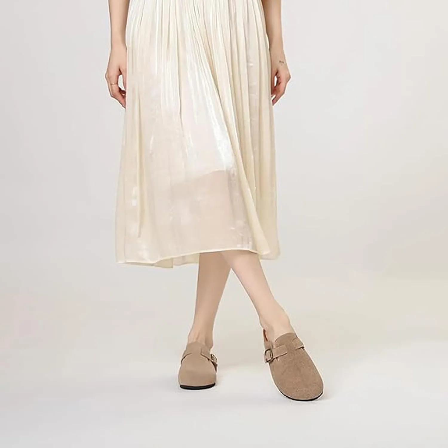 Women's Suede Clogs Leather Mules Cork Footbed Potato Shoes, Slip On Sandals with Arch Support and Buckle