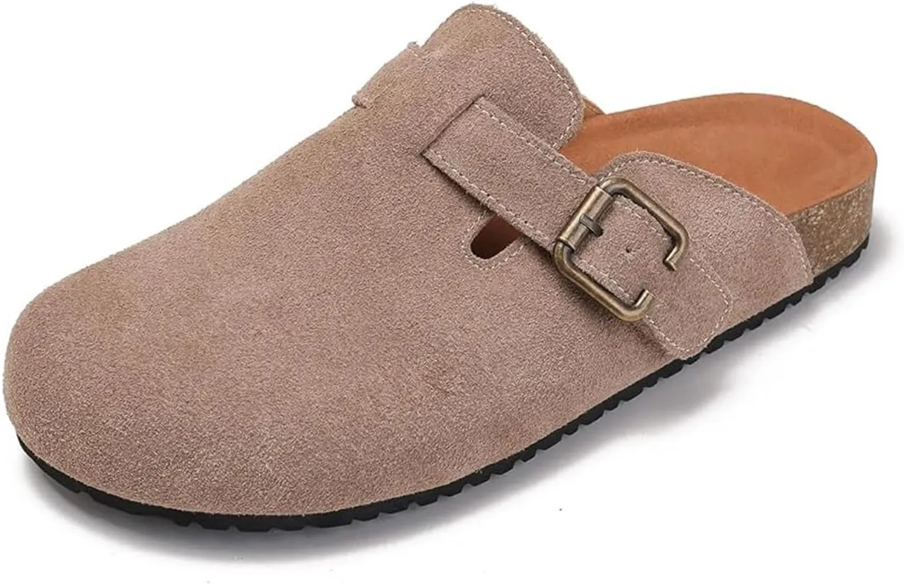 Women's Suede Clogs Leather Mules Cork Footbed Potato Shoes, Slip On Sandals with Arch Support and Buckle
