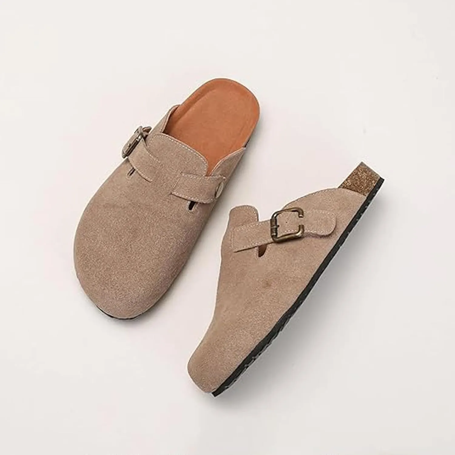 Women's Suede Clogs Leather Mules Cork Footbed Potato Shoes, Slip On Sandals with Arch Support and Buckle
