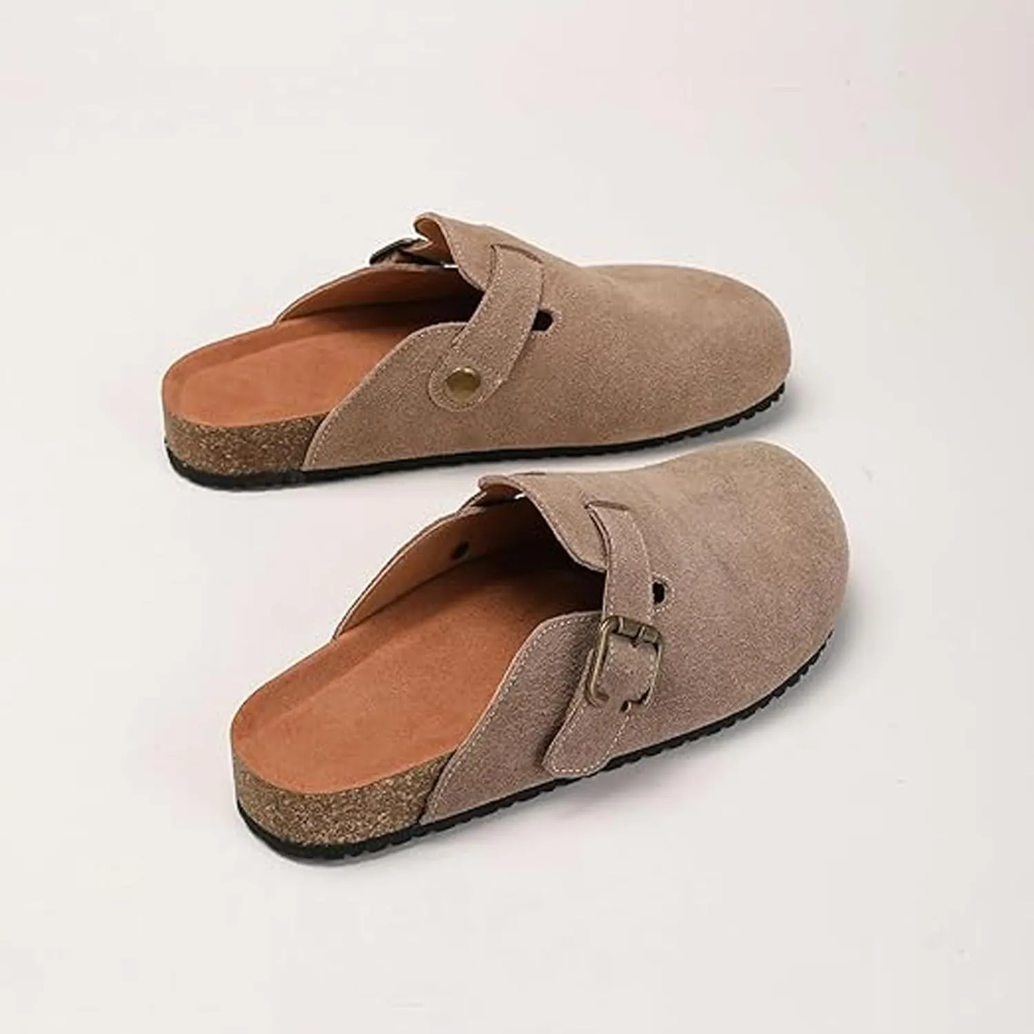 Women's Suede Clogs Leather Mules Cork Footbed Potato Shoes, Slip On Sandals with Arch Support and Buckle