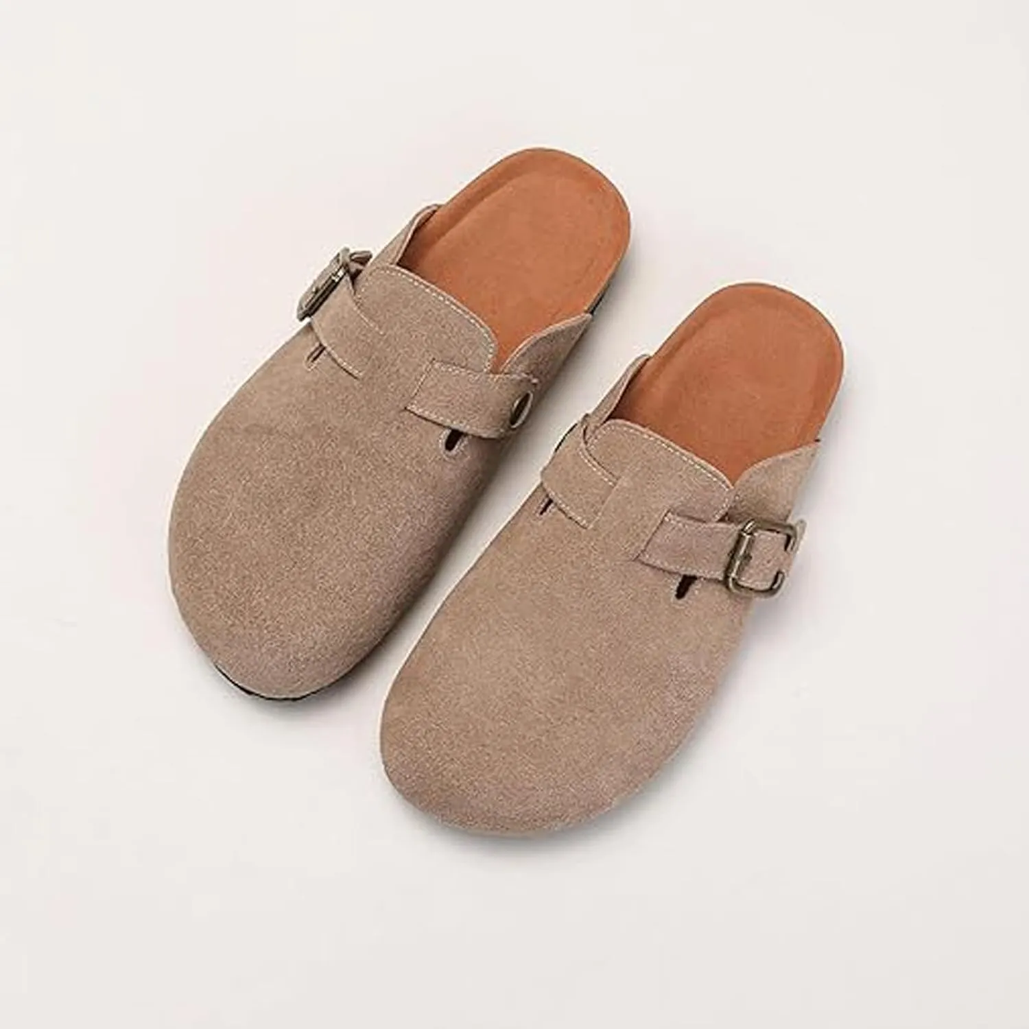 Women's Suede Clogs Leather Mules Cork Footbed Potato Shoes, Slip On Sandals with Arch Support and Buckle