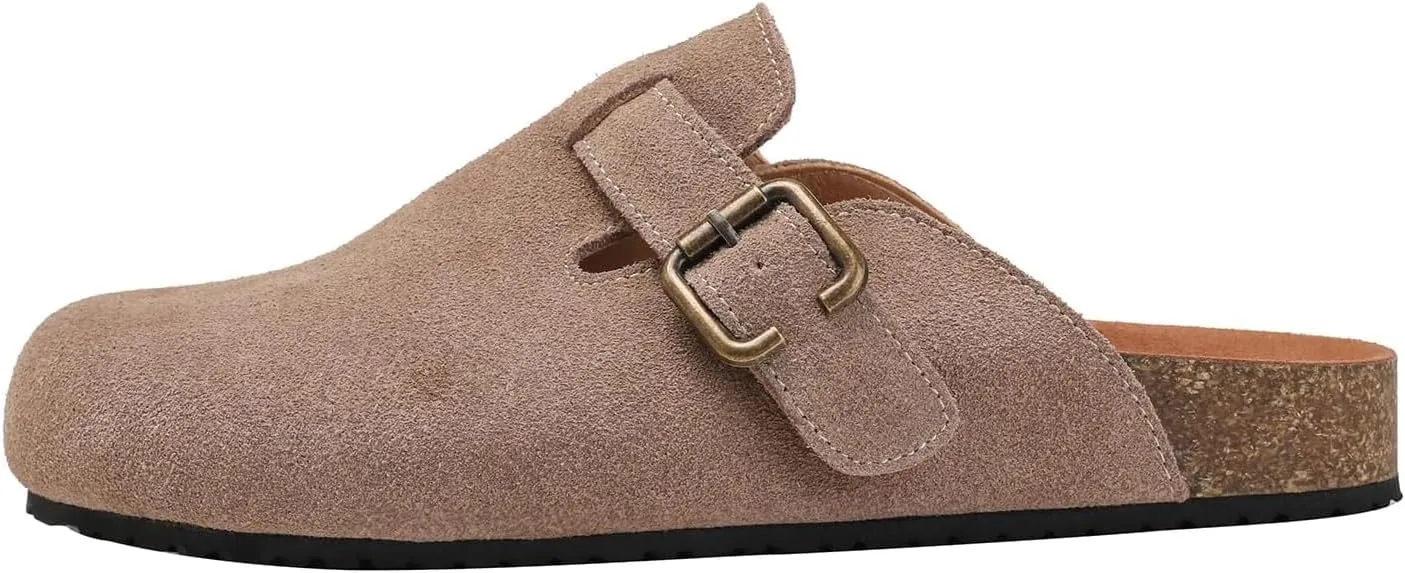 Women's Suede Clogs Leather Mules Cork Footbed Potato Shoes, Slip On Sandals with Arch Support and Buckle