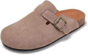 Women's Suede Clogs Leather Mules Cork Footbed Potato Shoes, Slip On Sandals with Arch Support and Buckle
