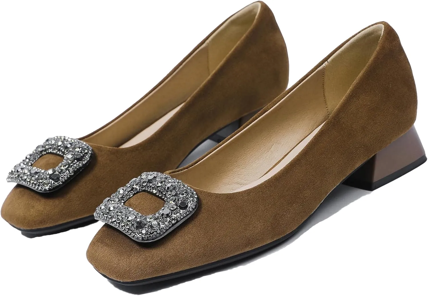 Women's Suede Rhinestone Low Heel Pumps Jeweled Square Toe Chunky Low Heel Closed Toe Dress Work Office Shoes Casual Slip on Slip On Evening Shoes