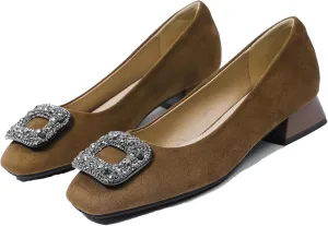 Women's Suede Rhinestone Low Heel Pumps Jeweled Square Toe Chunky Low Heel Closed Toe Dress Work Office Shoes Casual Slip on Slip On Evening Shoes