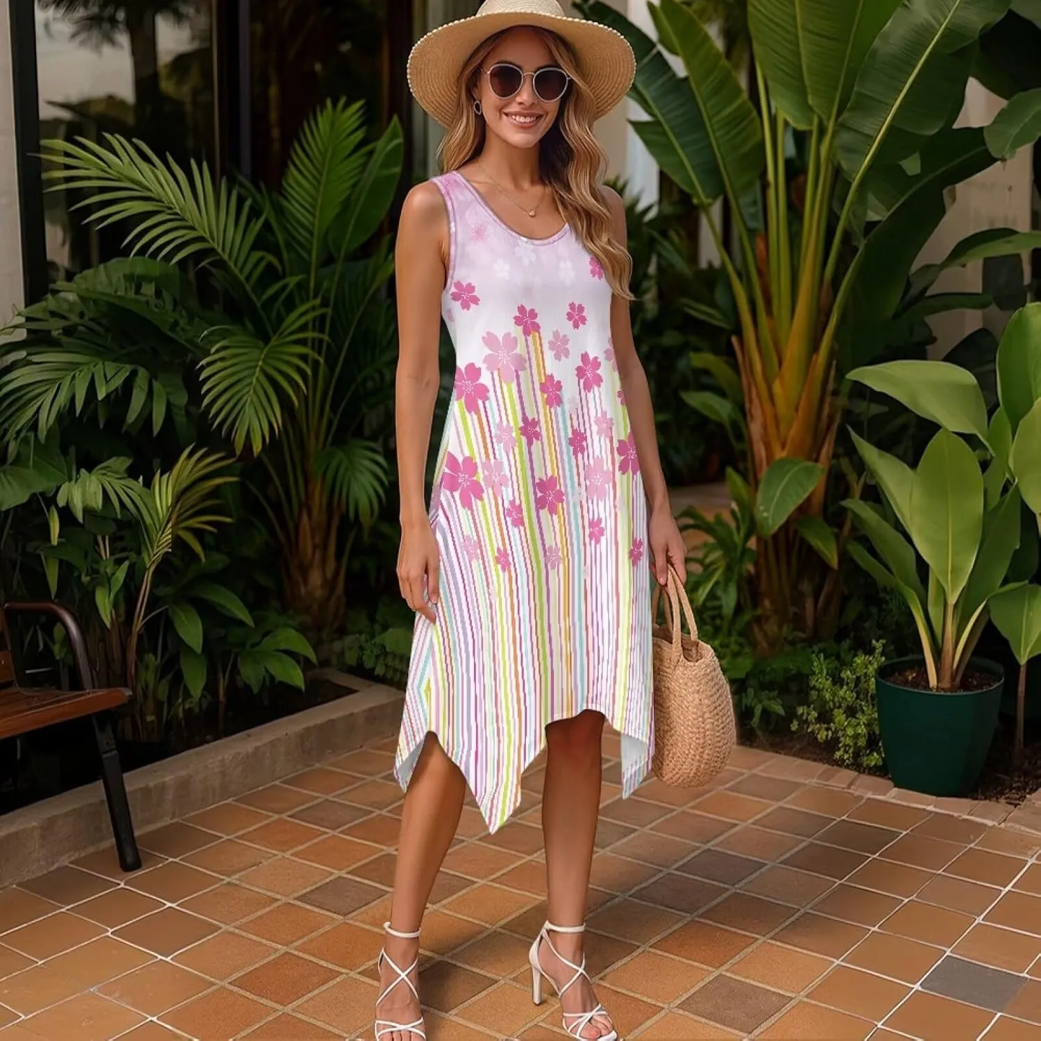 Womens Summer Dresses Loose U Neck Sleeveless Sundresses Irregular Hem Tshirt Tank Dress Beach Cover Up with Pockets