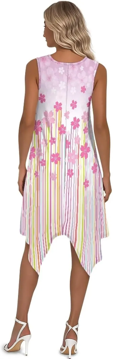 Womens Summer Dresses Loose U Neck Sleeveless Sundresses Irregular Hem Tshirt Tank Dress Beach Cover Up with Pockets