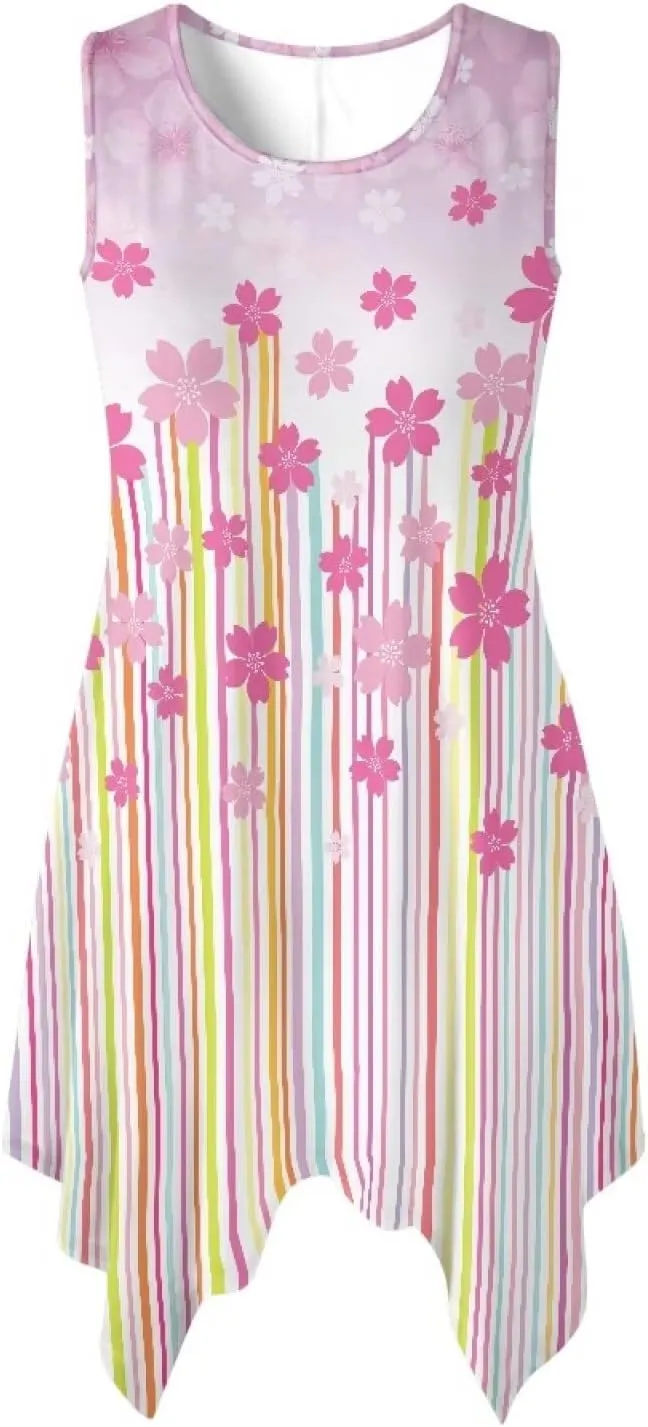 Womens Summer Dresses Loose U Neck Sleeveless Sundresses Irregular Hem Tshirt Tank Dress Beach Cover Up with Pockets