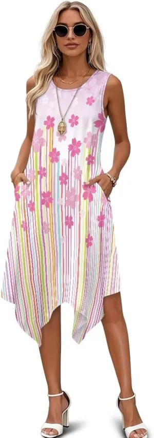 Womens Summer Dresses Loose U Neck Sleeveless Sundresses Irregular Hem Tshirt Tank Dress Beach Cover Up with Pockets