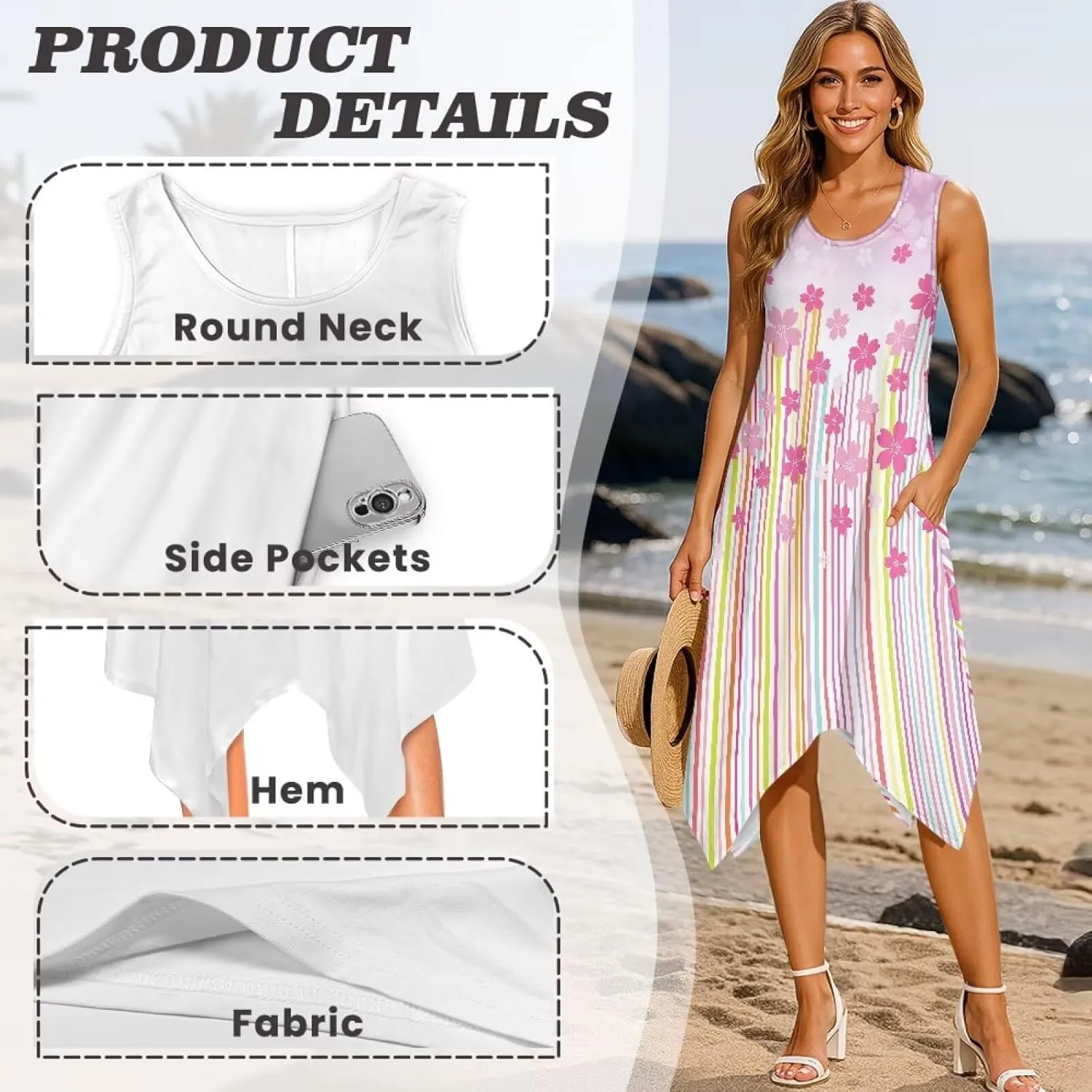 Womens Summer Dresses Loose U Neck Sleeveless Sundresses Irregular Hem Tshirt Tank Dress Beach Cover Up with Pockets