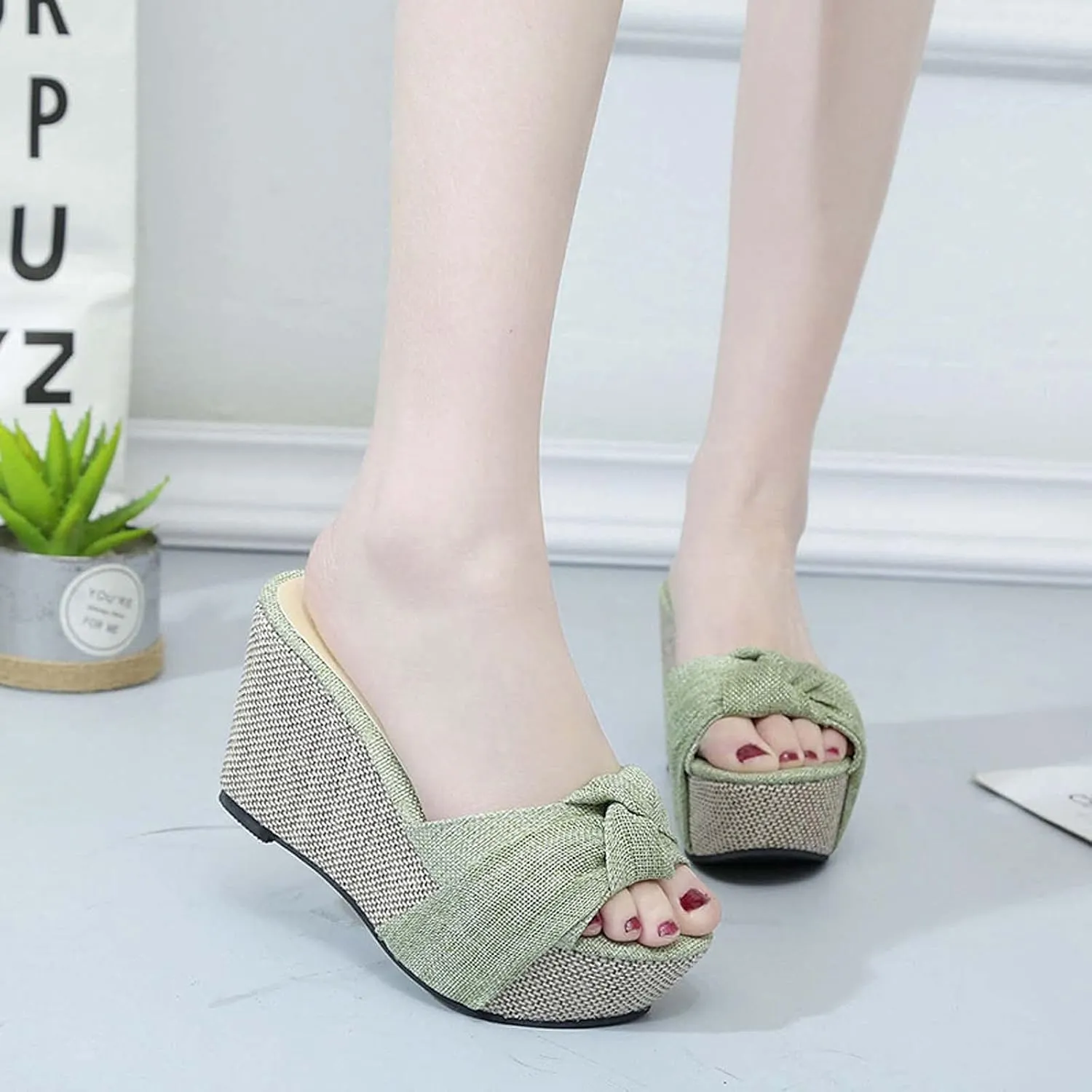 Women's Summer Wedge Platform Sandals Fashion One Word Twisted Lace Strap Open Toe Backless High-Heeled Slippers Comfortable Slip-on Slides Sandals