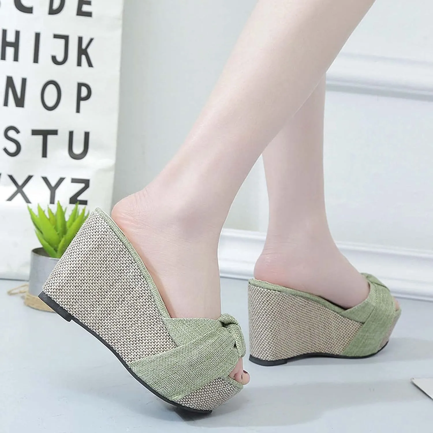 Women's Summer Wedge Platform Sandals Fashion One Word Twisted Lace Strap Open Toe Backless High-Heeled Slippers Comfortable Slip-on Slides Sandals