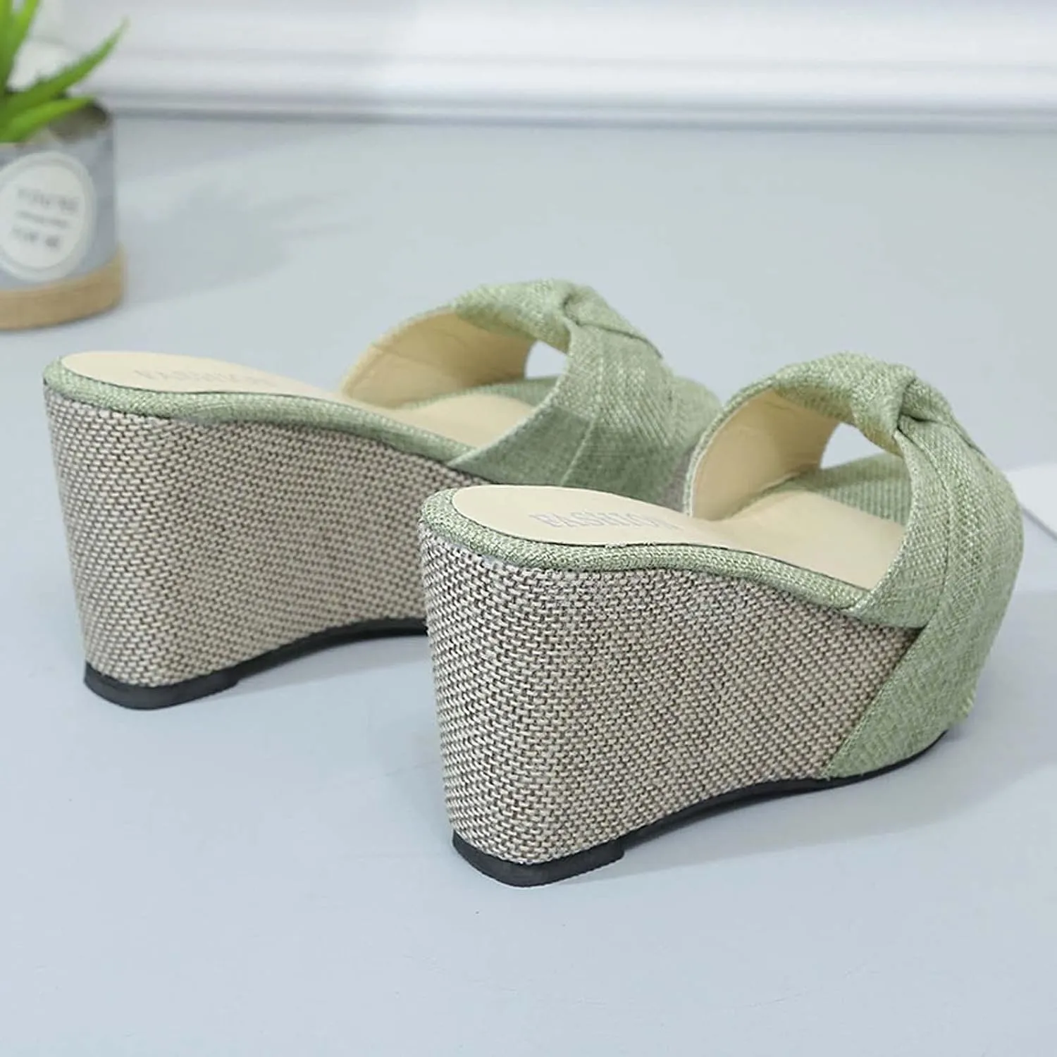 Women's Summer Wedge Platform Sandals Fashion One Word Twisted Lace Strap Open Toe Backless High-Heeled Slippers Comfortable Slip-on Slides Sandals