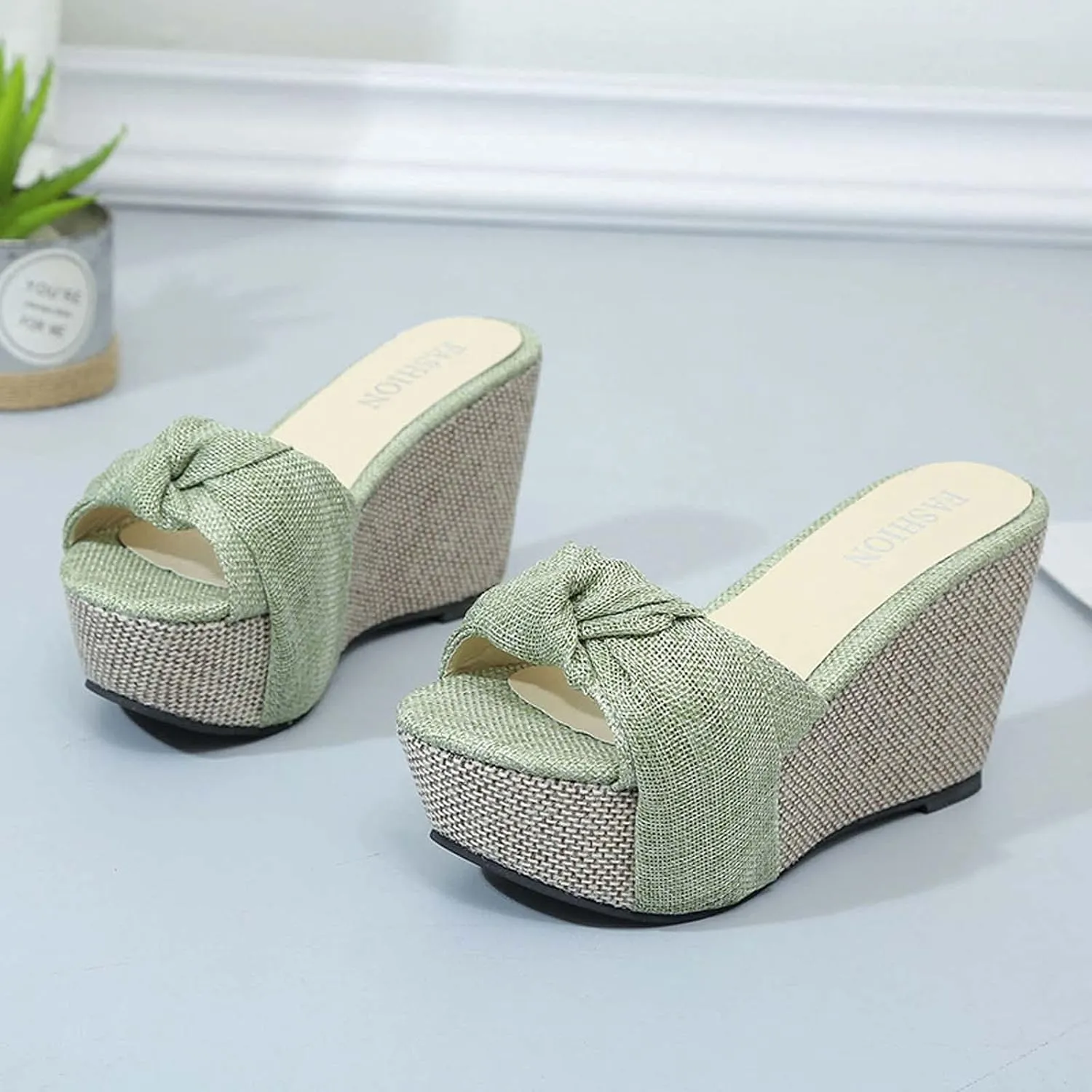 Women's Summer Wedge Platform Sandals Fashion One Word Twisted Lace Strap Open Toe Backless High-Heeled Slippers Comfortable Slip-on Slides Sandals