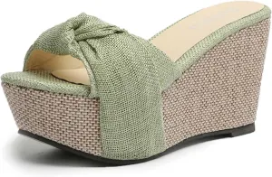 Women's Summer Wedge Platform Sandals Fashion One Word Twisted Lace Strap Open Toe Backless High-Heeled Slippers Comfortable Slip-on Slides Sandals