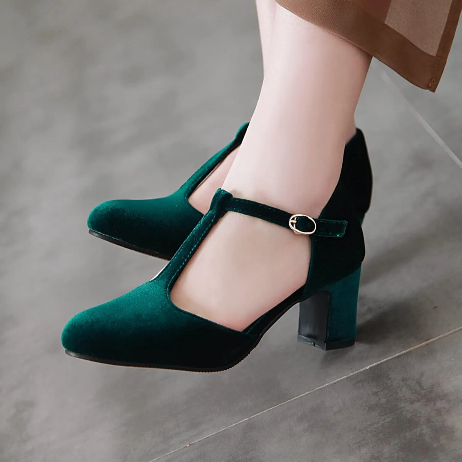 Womens T-Strap Mary Jane Pumps Comfort Buckle Velvet Round Toe Chunky Mid Heel Dress Sandal Shoes