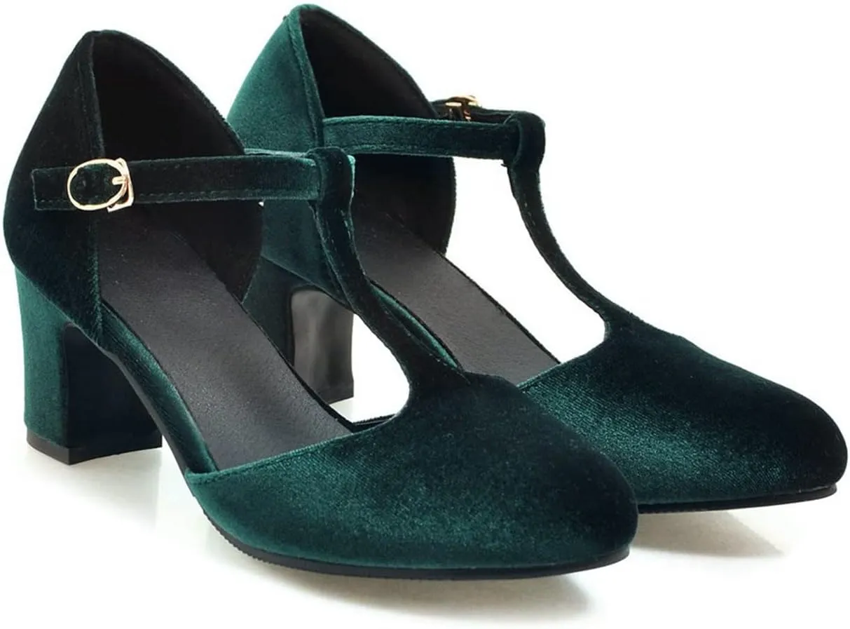 Womens T-Strap Mary Jane Pumps Comfort Buckle Velvet Round Toe Chunky Mid Heel Dress Sandal Shoes
