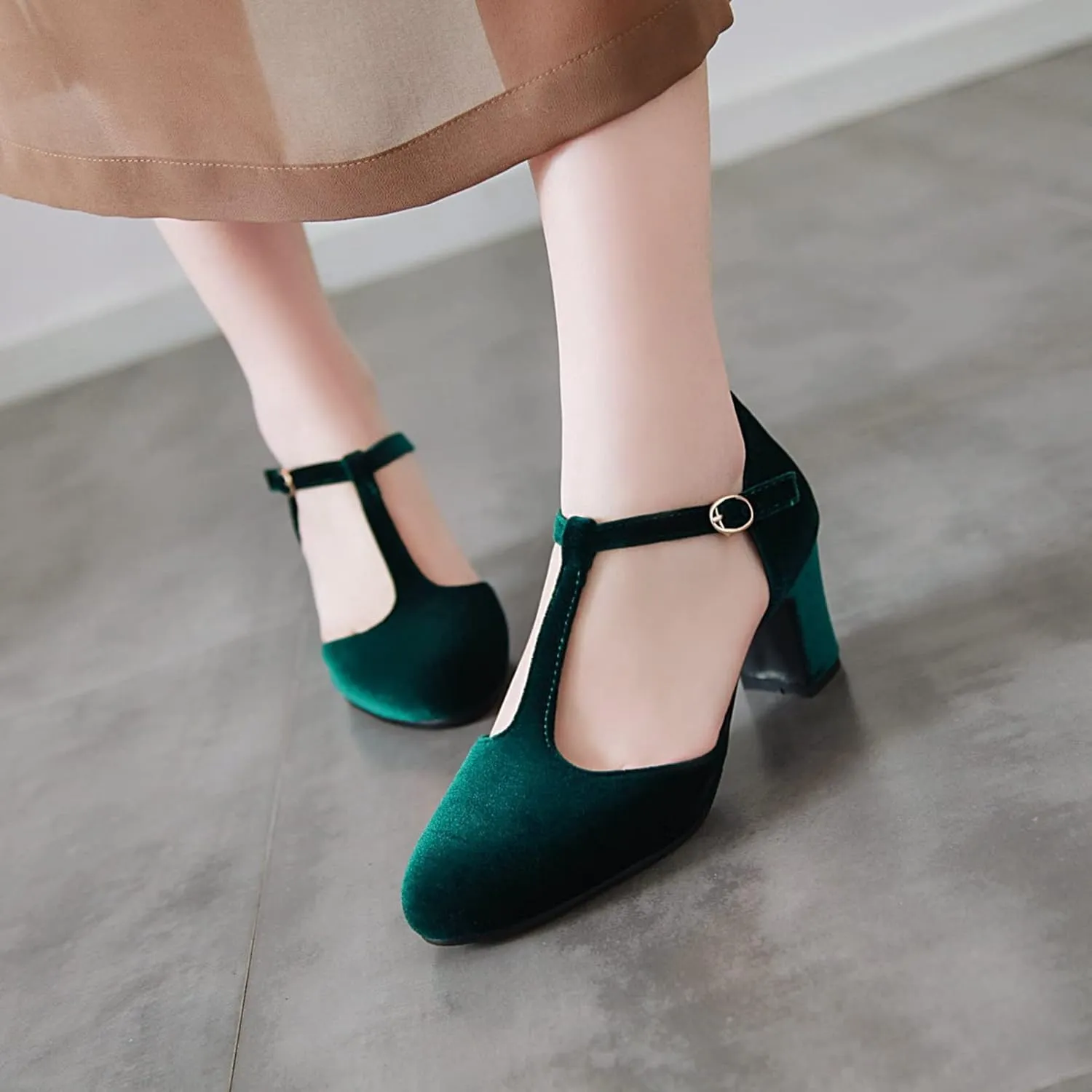 Womens T-Strap Mary Jane Pumps Comfort Buckle Velvet Round Toe Chunky Mid Heel Dress Sandal Shoes