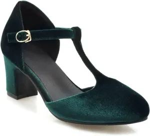 Womens T-Strap Mary Jane Pumps Comfort Buckle Velvet Round Toe Chunky Mid Heel Dress Sandal Shoes