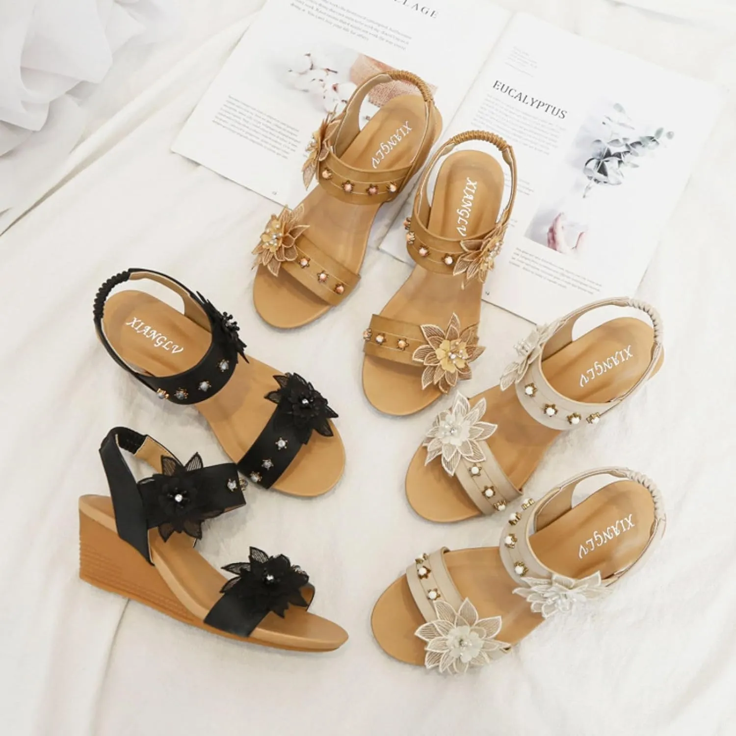 Womens Wedge Sandals Summer Dressy Elastic Ankle Strap Platform Slip On Sandals Open Toe Elegant Flower Comfortable Casual Shoes for Walking Vacation