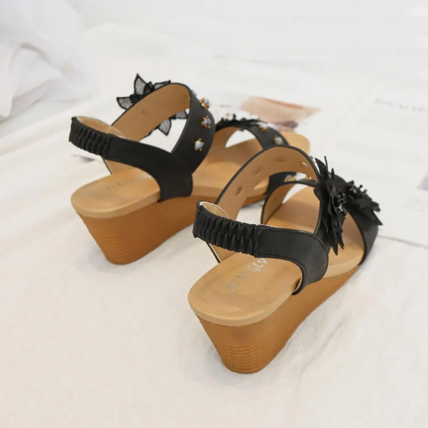 Womens Wedge Sandals Summer Dressy Elastic Ankle Strap Platform Slip On Sandals Open Toe Elegant Flower Comfortable Casual Shoes for Walking Vacation