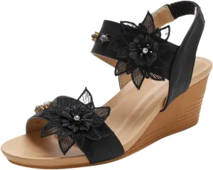 Womens Wedge Sandals Summer Dressy Elastic Ankle Strap Platform Slip On Sandals Open Toe Elegant Flower Comfortable Casual Shoes for Walking Vacation