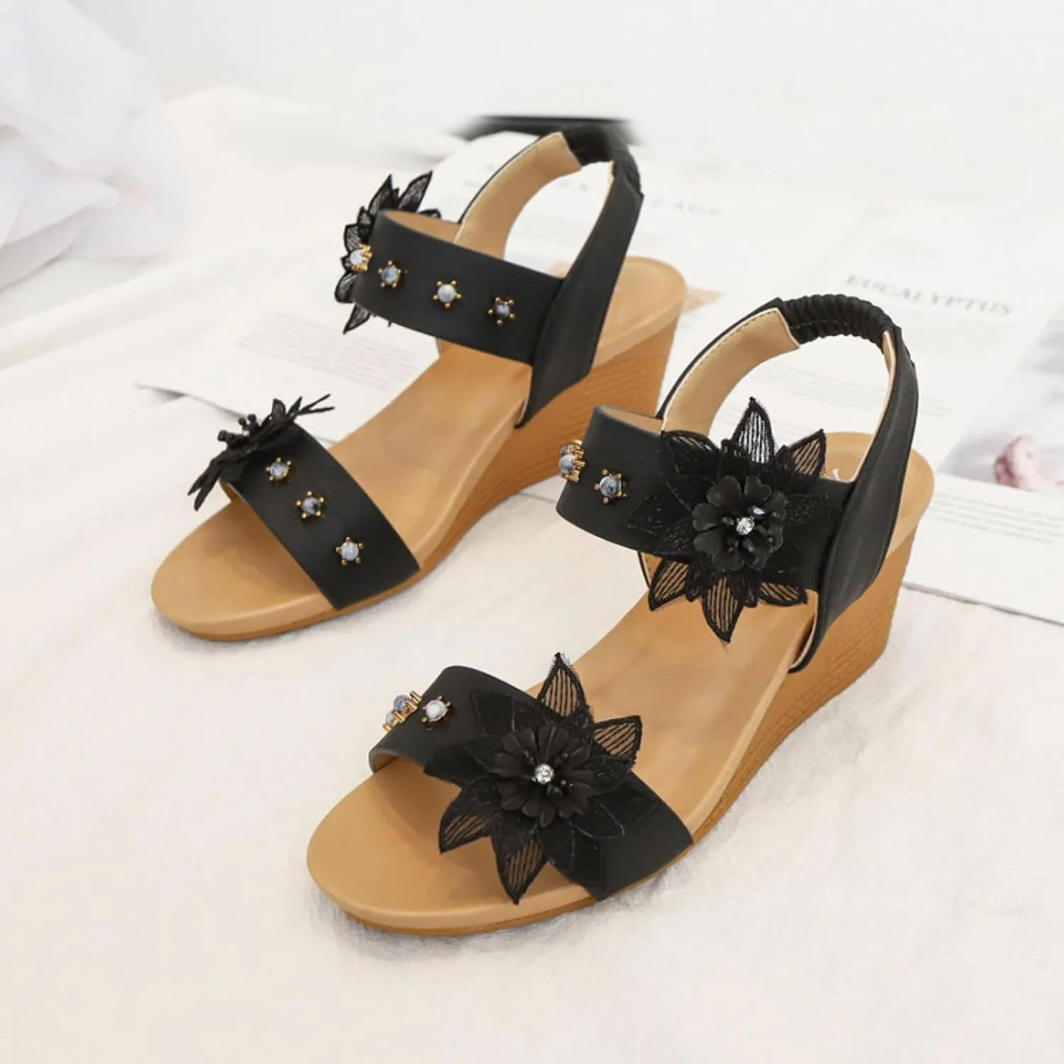 Womens Wedge Sandals Summer Dressy Elastic Ankle Strap Platform Slip On Sandals Open Toe Elegant Flower Comfortable Casual Shoes for Walking Vacation
