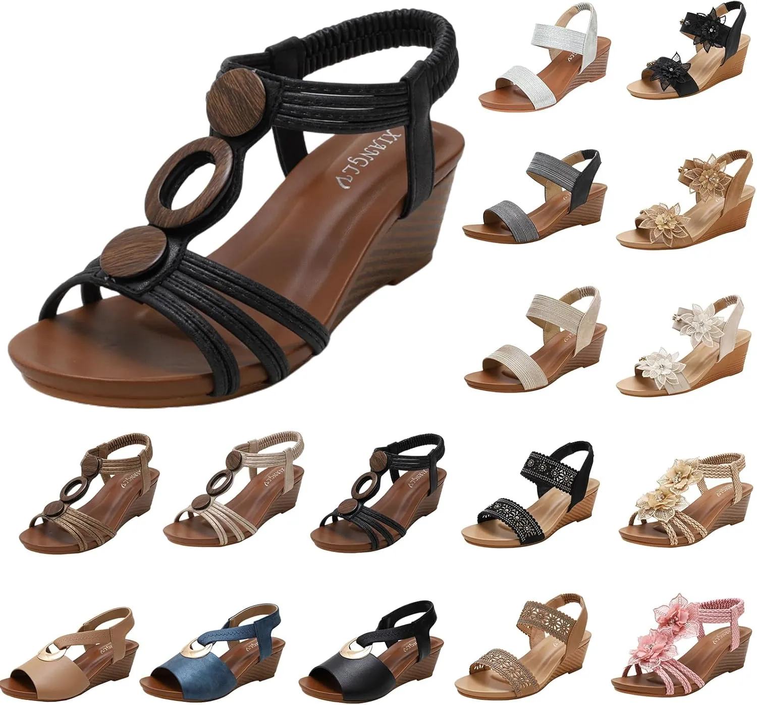 Womens Wedge Sandals Summer Dressy Elastic Ankle Strap Platform Slip On Sandals Open Toe Elegant Flower Comfortable Casual Shoes for Walking Vacation