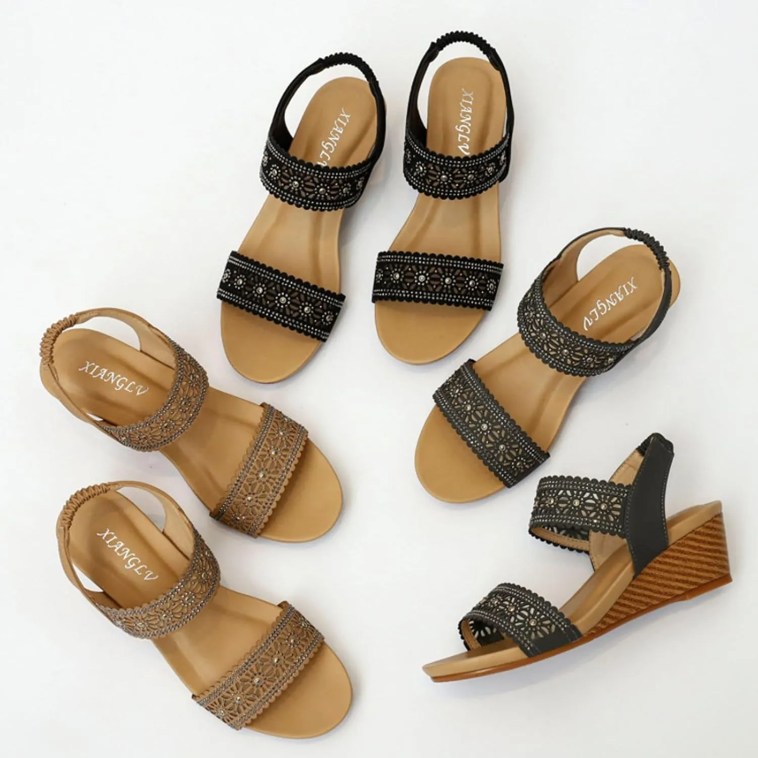 Womens Wedge Sandals Thick High Platform Heels Trendy Dressy Sandals for Women 2025 Rhinestone Beaded Summer Casual Sandal Office Work Shoes Beach Footwear Open Toe Cutout Shoes Comfort Orthowear