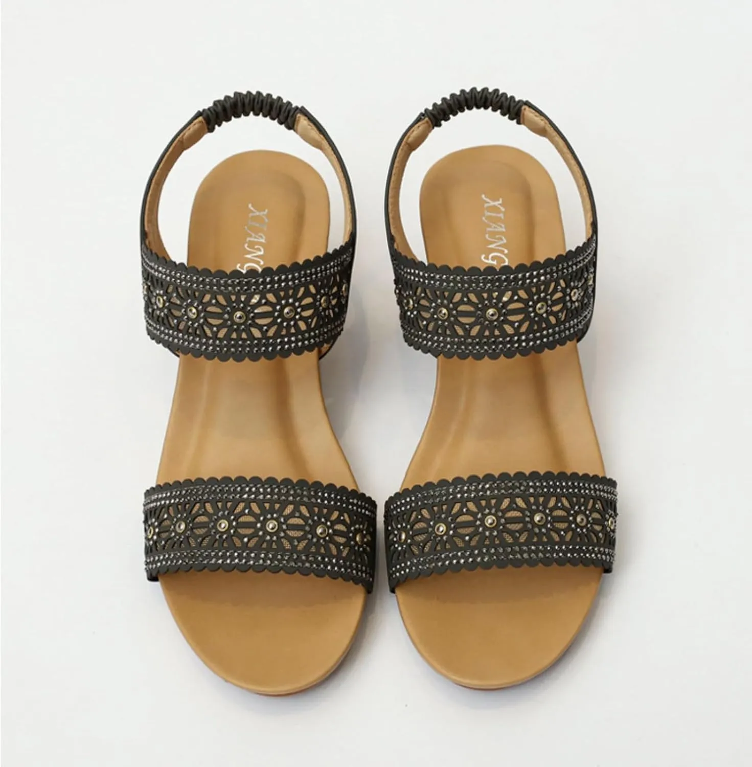 Womens Wedge Sandals Thick High Platform Heels Trendy Dressy Sandals for Women 2025 Rhinestone Beaded Summer Casual Sandal Office Work Shoes Beach Footwear Open Toe Cutout Shoes Comfort Orthowear