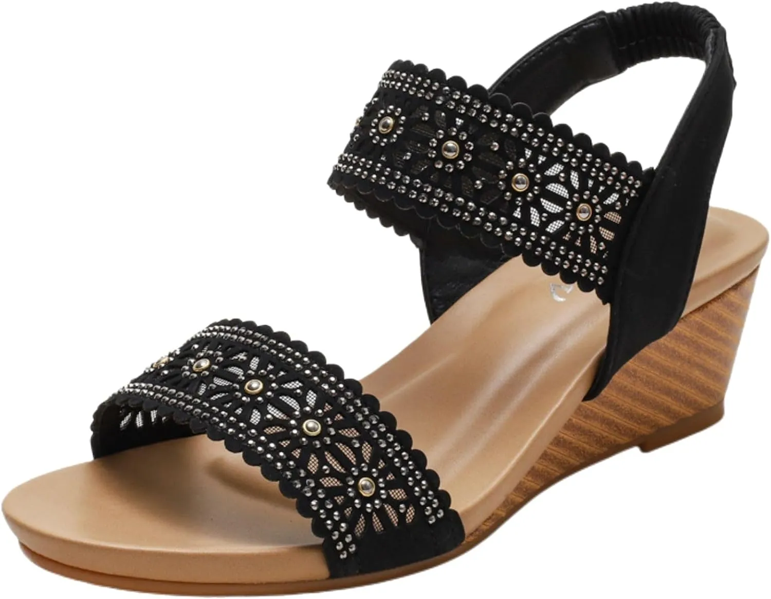 Womens Wedge Sandals Thick High Platform Heels Trendy Dressy Sandals for Women 2025 Rhinestone Beaded Summer Casual Sandal Office Work Shoes Beach Footwear Open Toe Cutout Shoes Comfort Orthowear