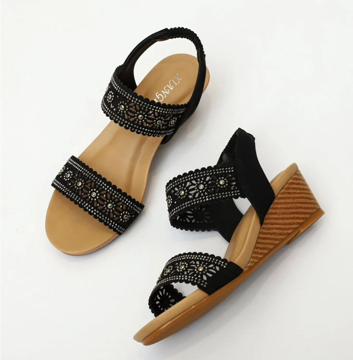 Womens Wedge Sandals Thick High Platform Heels Trendy Dressy Sandals for Women 2025 Rhinestone Beaded Summer Casual Sandal Office Work Shoes Beach Footwear Open Toe Cutout Shoes Comfort Orthowear