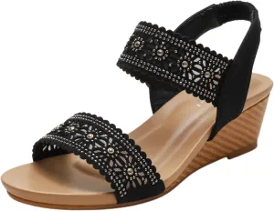 Womens Wedge Sandals Thick High Platform Heels Trendy Dressy Sandals for Women 2025 Rhinestone Beaded Summer Casual Sandal Office Work Shoes Beach Footwear Open Toe Cutout Shoes Comfort Orthowear