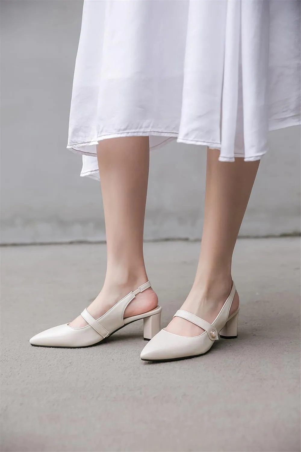 Women's Work Business Vintage Fashion Penny Slingback Pearl Adjustable Buckle Block Mid Heels Closed Pointed Toe Office Dress Pumps Comfort Party Dating Wedding Daily Wear Ladies Shoes