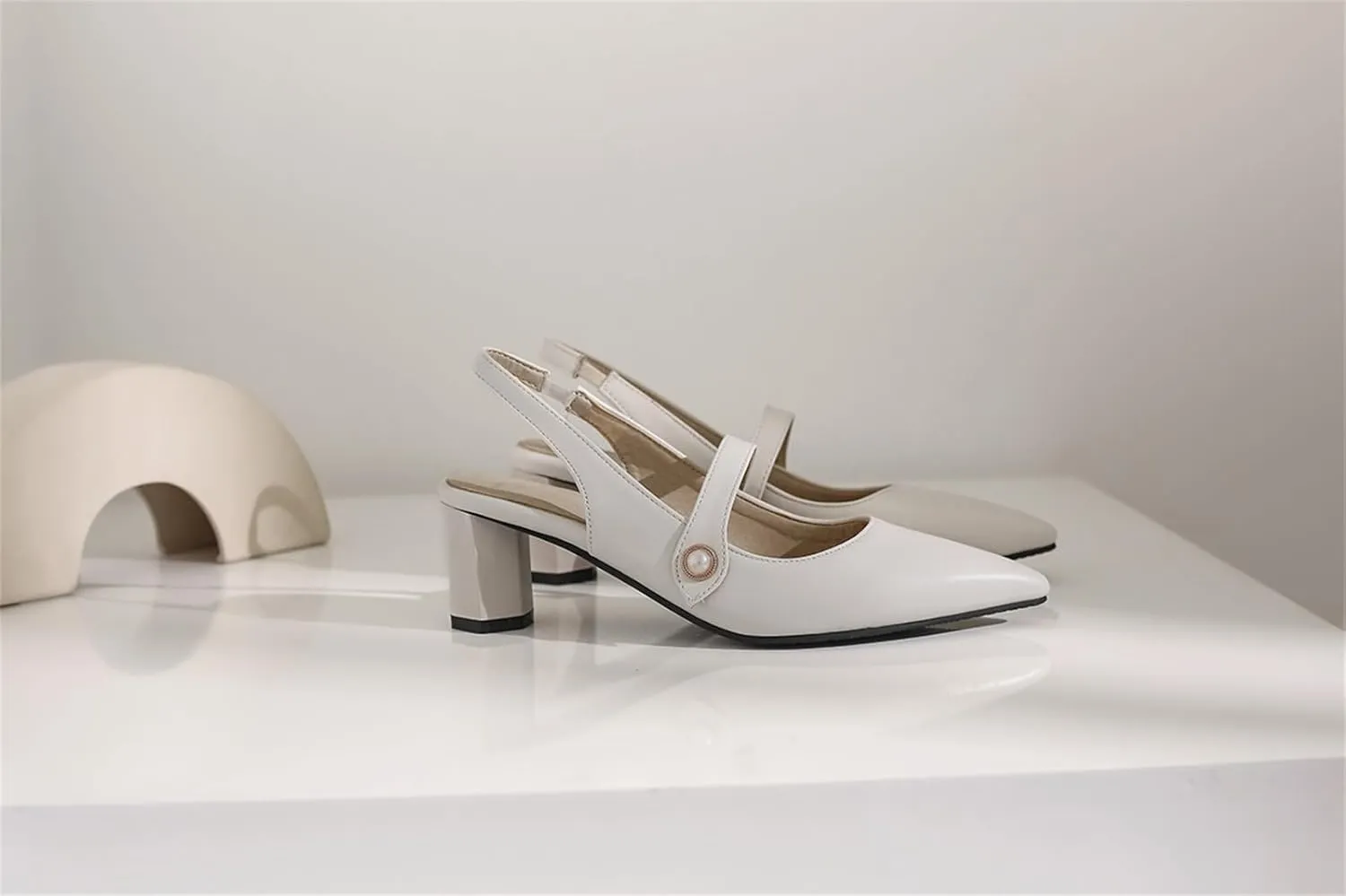 Women's Work Business Vintage Fashion Penny Slingback Pearl Adjustable Buckle Block Mid Heels Closed Pointed Toe Office Dress Pumps Comfort Party Dating Wedding Daily Wear Ladies Shoes