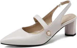 Women's Work Business Vintage Fashion Penny Slingback Pearl Adjustable Buckle Block Mid Heels Closed Pointed Toe Office Dress Pumps Comfort Party Dating Wedding Daily Wear Ladies Shoes