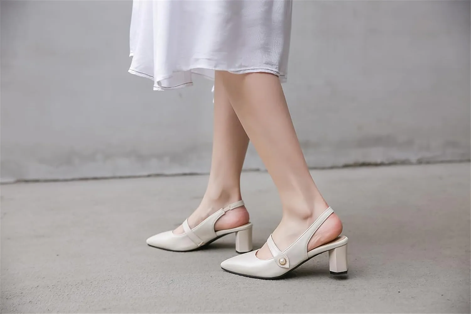 Women's Work Business Vintage Fashion Penny Slingback Pearl Adjustable Buckle Block Mid Heels Closed Pointed Toe Office Dress Pumps Comfort Party Dating Wedding Daily Wear Ladies Shoes