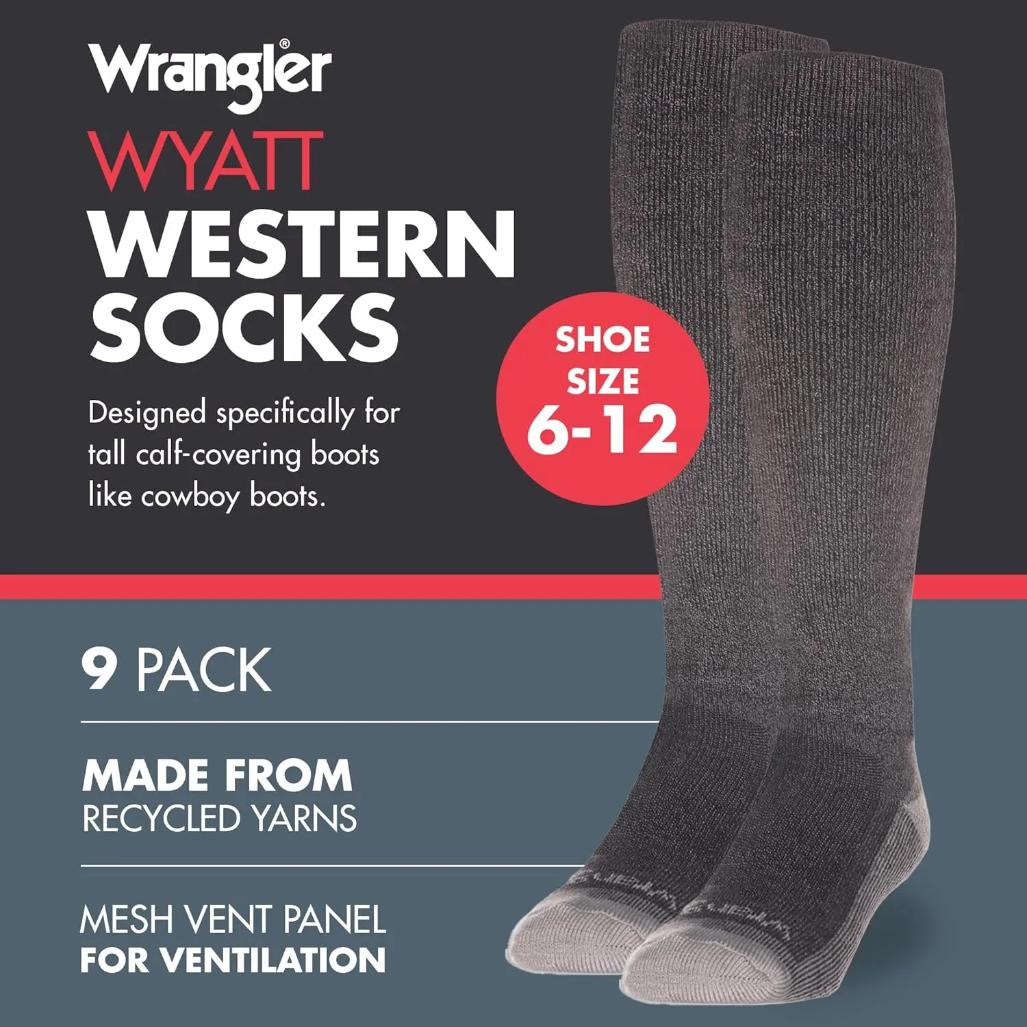 Wrangler Ryder Western Cowboy Boot Socks for Men - Over Calf, Cushioned Sole, Moisture-Wicking, Durable Design