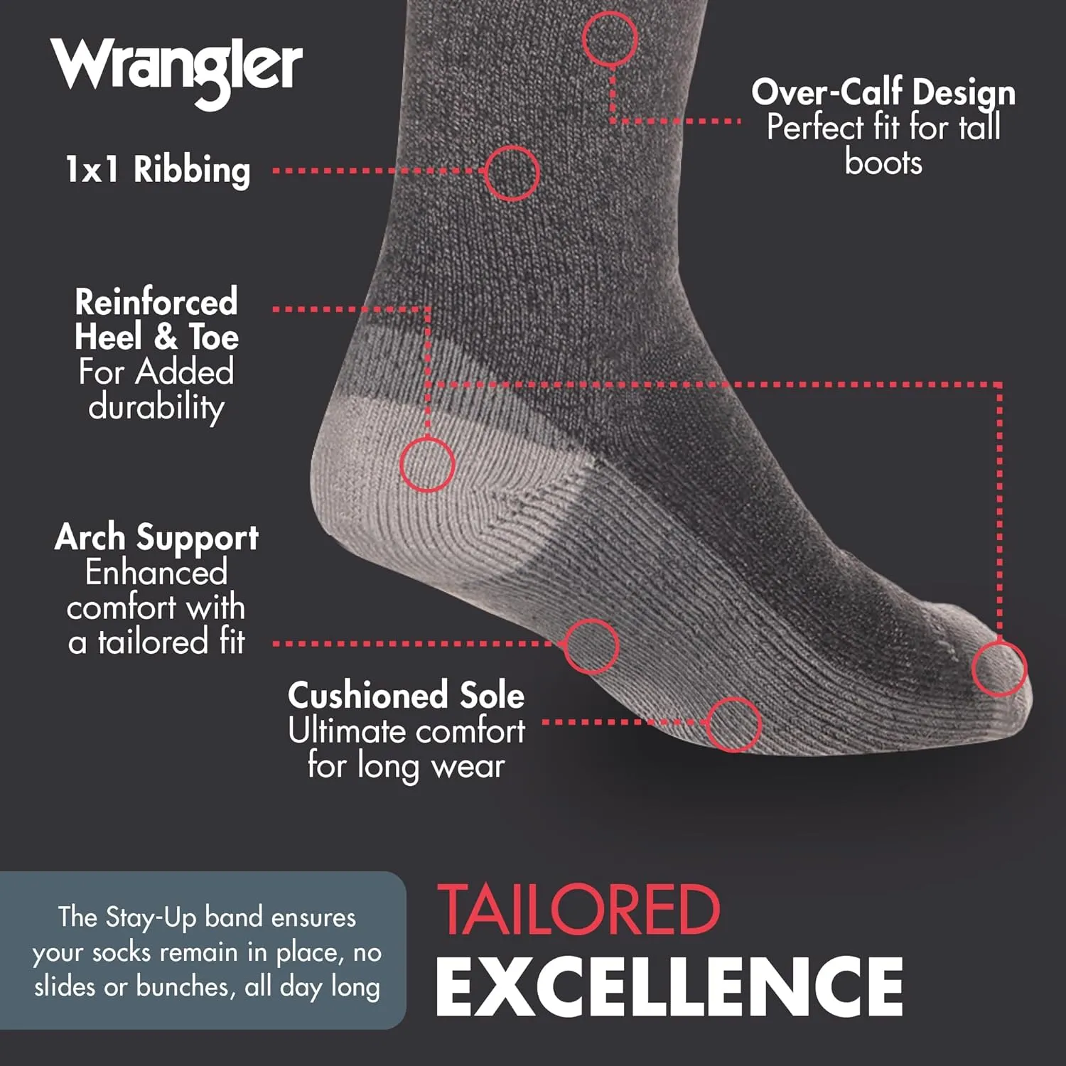 Wrangler Ryder Western Cowboy Boot Socks for Men - Over Calf, Cushioned Sole, Moisture-Wicking, Durable Design