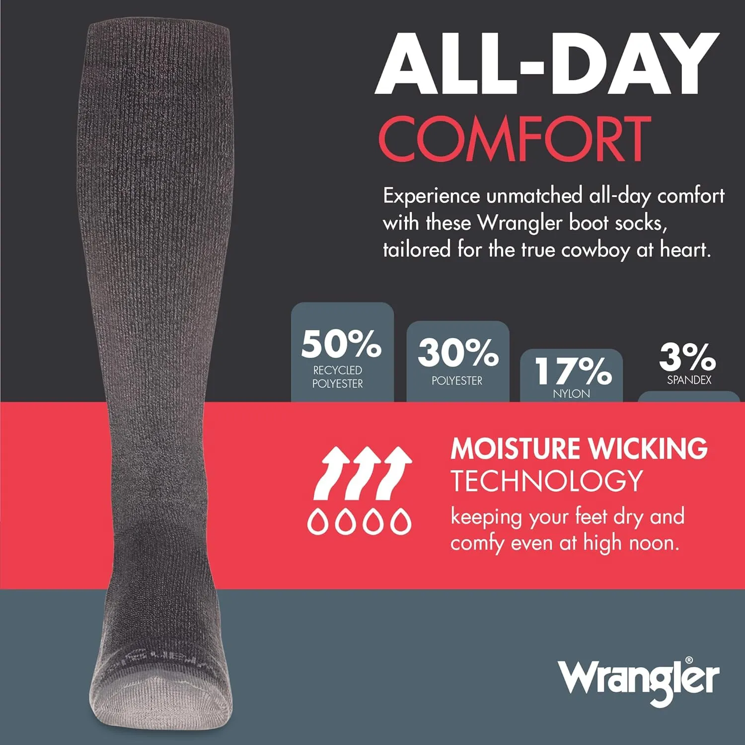 Wrangler Ryder Western Cowboy Boot Socks for Men - Over Calf, Cushioned Sole, Moisture-Wicking, Durable Design