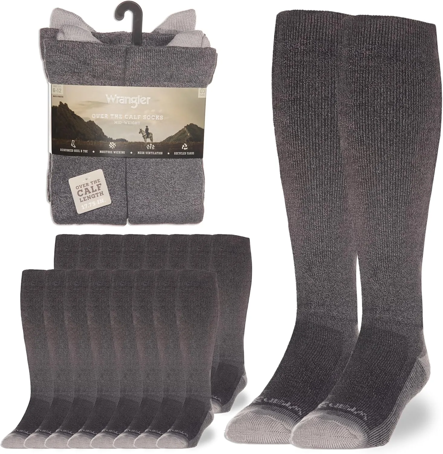 Wrangler Ryder Western Cowboy Boot Socks for Men - Over Calf, Cushioned Sole, Moisture-Wicking, Durable Design