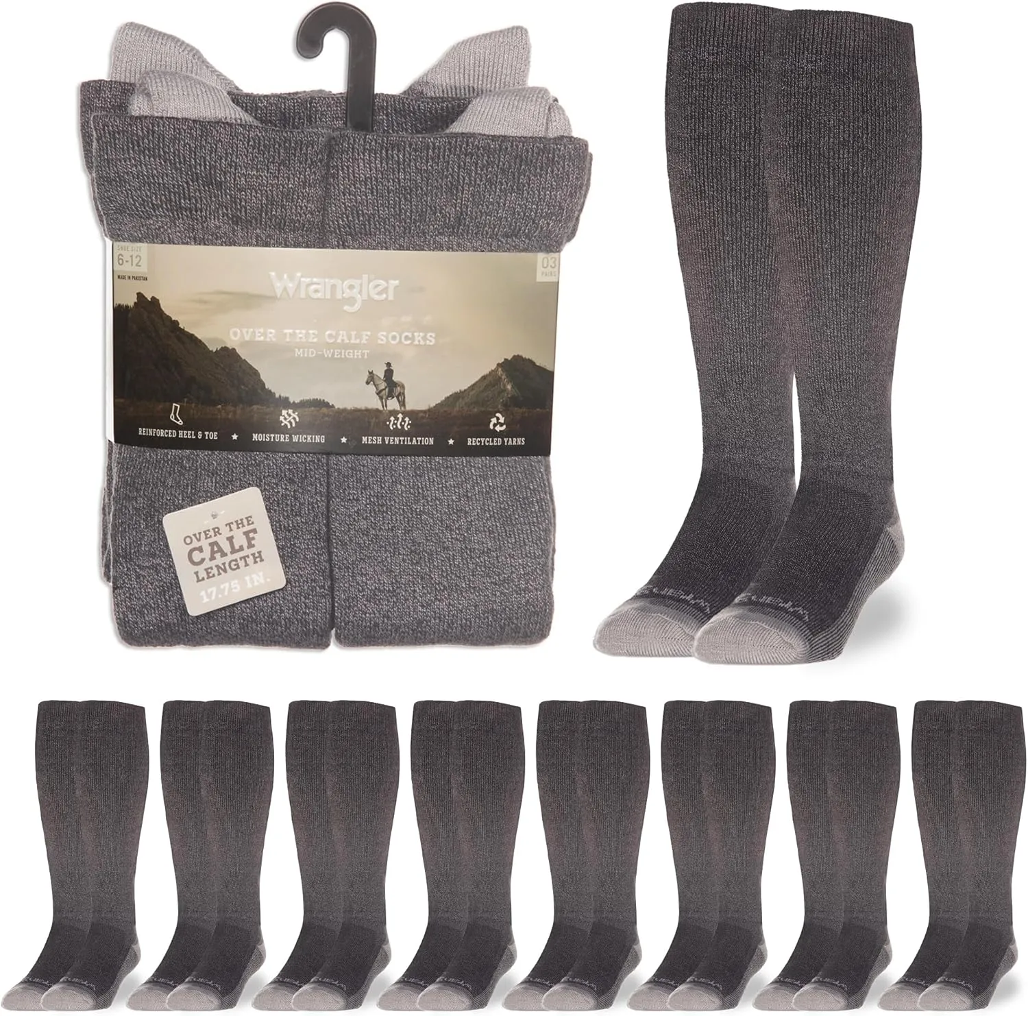 Wrangler Ryder Western Cowboy Boot Socks for Men - Over Calf, Cushioned Sole, Moisture-Wicking, Durable Design