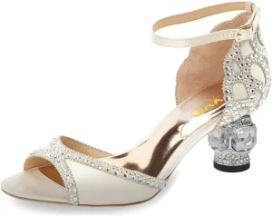 XYD Women Bridal Evening Heels Peep Toe Rhinestone Studs Block Low Heeled Sandals Ankle Strap Elegant Shoes for Wedding Party Dinner